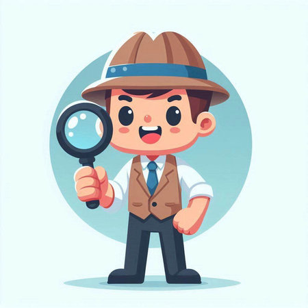 Cute detective with magnifying glass. Vector illustration in cartoon styleのイラスト素材