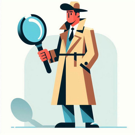Cartoon detective with magnifying glass. Vector illustration in flat styleのイラスト素材