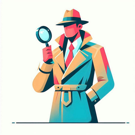 Retro style illustration of a detective looking through a magnifying glassのイラスト素材