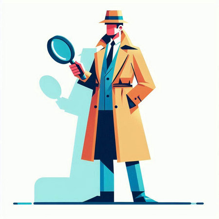 Vector illustration of a detective in a coat and hat holding a magnifying glassのイラスト素材