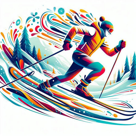 Vector illustration of skier skiing in winter forest. Winter sport.のイラスト素材