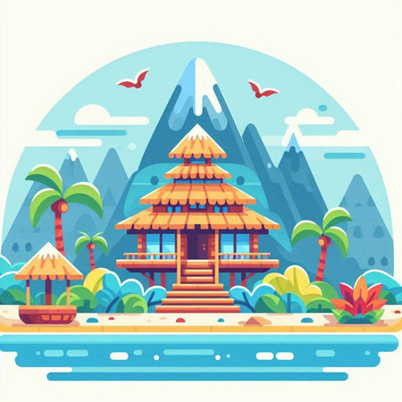 Landscape with mountain and bungalows. Flat style vector illustration.のイラスト素材