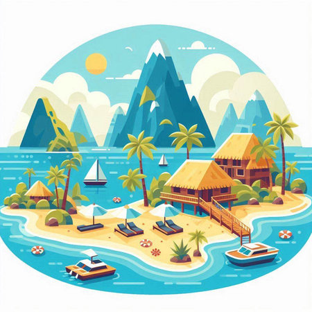 Tropical island with palm trees, bungalows and boats. Vector illustrationのイラスト素材