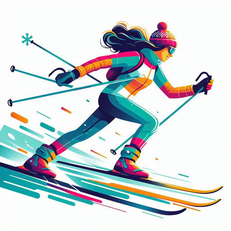 Skiing girl. Winter sport. Vector illustration in cartoon style.のイラスト素材