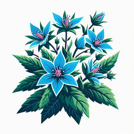 Blue flowers and green leaves on a white background. Vector illustration.のイラスト素材