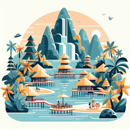 Tropical island with waterfalls and bungalows, vector illustrationのイラスト素材