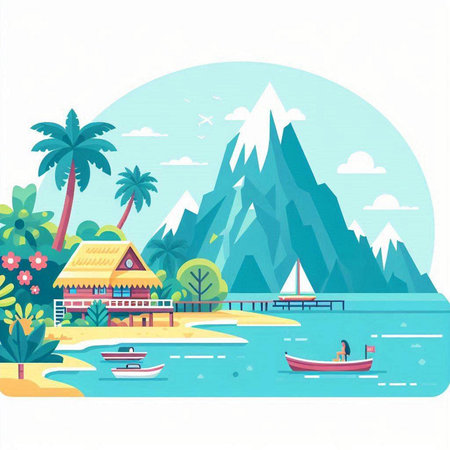 Flat design vector illustration of a tropical island with palm trees and bungalowsのイラスト素材