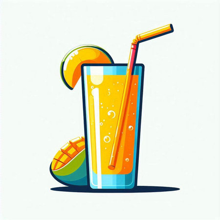 Mango juice in a glass with a straw. Vector illustration.のイラスト素材