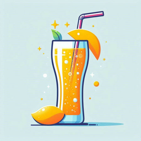 Vector illustration of a glass of orange juice with a straw and a slice of orange.のイラスト素材