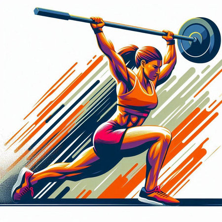 Athletic woman lifting a barbell, vector illustration.のイラスト素材