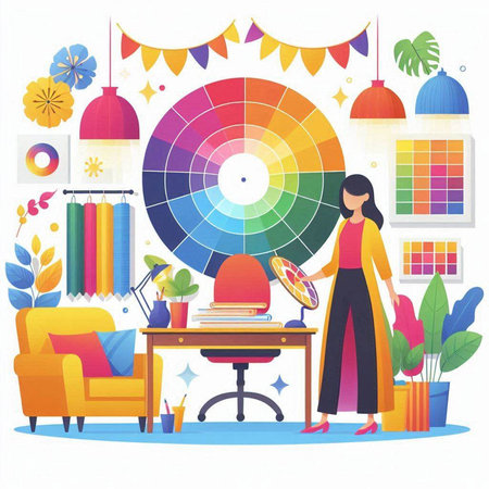 Designer woman working at her desk with color palette. Vector illustrationのイラスト素材