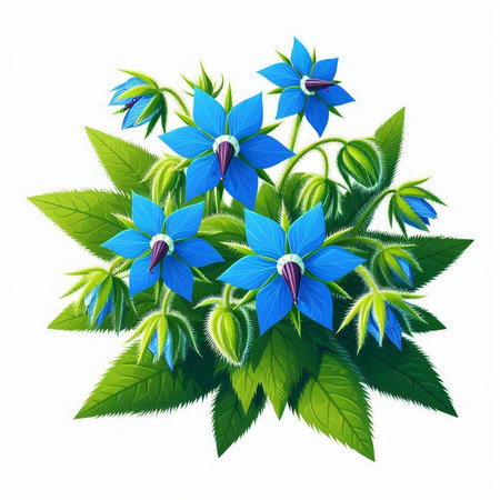 Borage flowers with leaves isolated on white background. Vector illustration.のイラスト素材