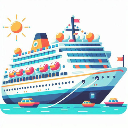 Cruise ship in the sea. Vector illustration in flat style.のイラスト素材