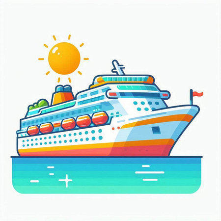Cruise ship in the sea. Colorful flat vector illustration.のイラスト素材