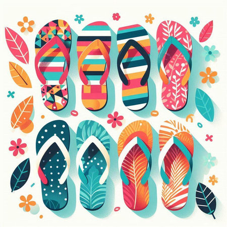 Flip-flops set with floral elements. Vector illustration.のイラスト素材