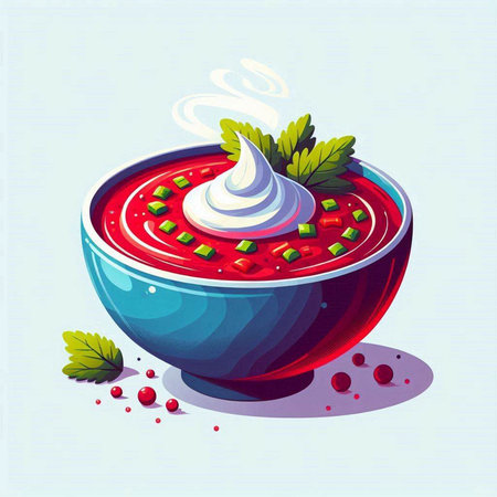 Vector illustration of bowl of tomato soup with sour cream and parsleyのイラスト素材