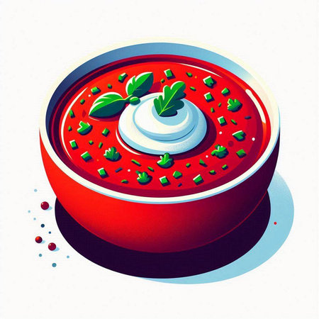 Illustration of a tomato soup with sour cream in a red bowlのイラスト素材