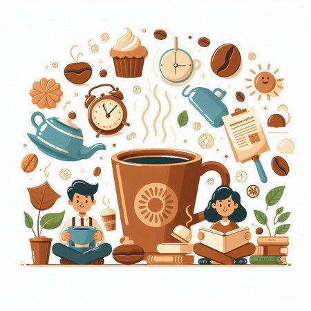Coffee time concept. Hand drawn vector illustration in cartoon style.のイラスト素材