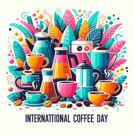 International Coffee Day greeting card with coffee cups and teapots.のイラスト素材