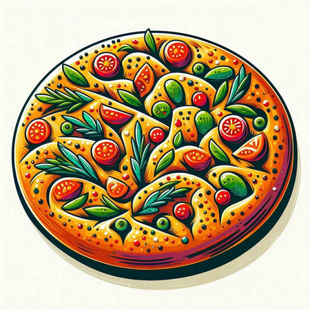 Pizza with tomatoes and olives on a plate. Vector illustrationのイラスト素材