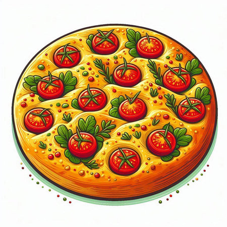 Illustration of a pizza with tomatoes and parsley on a white backgroundのイラスト素材