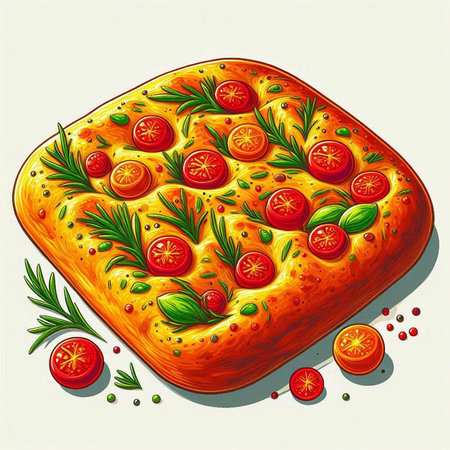 Illustration of a pizza with cherry tomatoes and rosemary on a white backgroundのイラスト素材