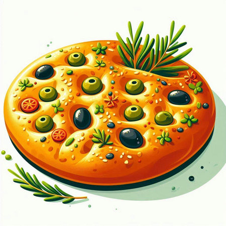 Illustration of a pizza with olives, tomatoes and rosemaryのイラスト素材
