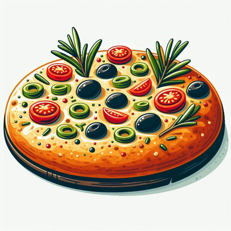 Pizza with olives, tomatoes and rosemary. Vector illustration.のイラスト素材