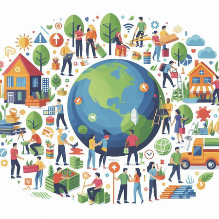 Ecology concept. People around the world. Vector illustration in flat styleのイラスト素材
