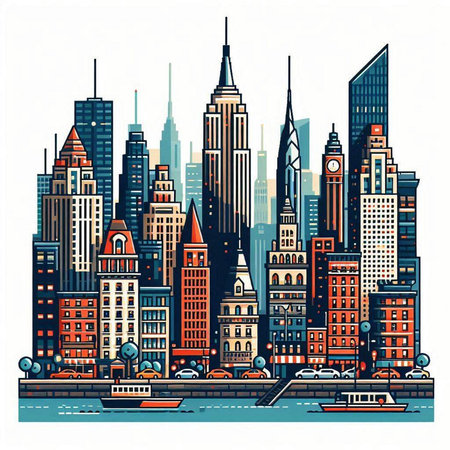 New York City skyline with skyscrapers and river. Vector illustration.のイラスト素材