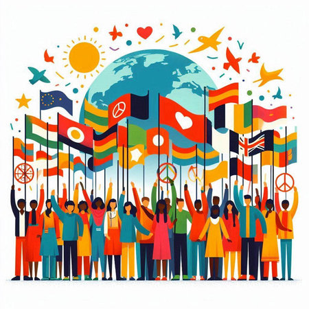 Group of people holding flags of different countries around the world. Vector illustration.のイラスト素材