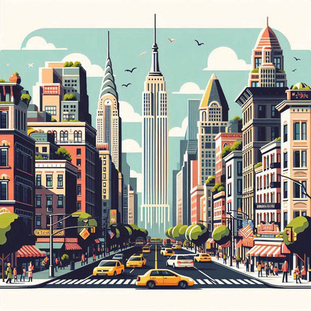 New York City street view with skyscrapers and buildings, vector illustrationのイラスト素材