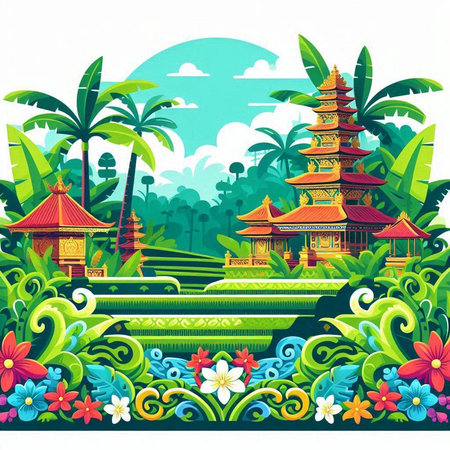 Beautiful Landscape with Chinese Temple and Palm Trees. Vector illustrationのイラスト素材