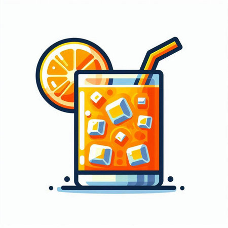 Cocktail with ice cubes, orange slice and straw. Vector illustration.のイラスト素材