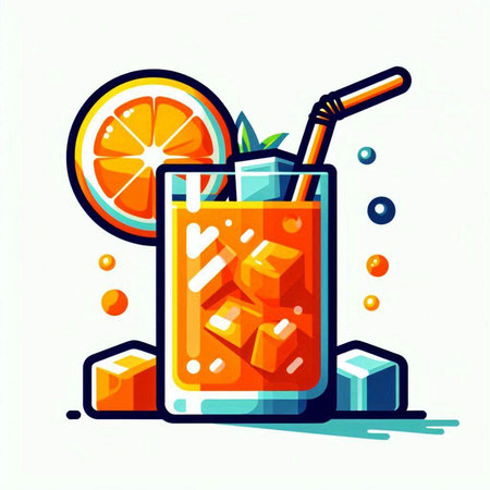 Cocktail with orange, ice cubes and straw. Flat style vector illustration.のイラスト素材