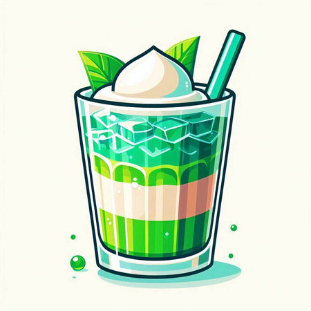Cocktail with whipped cream and green leaves. Vector illustration.のイラスト素材