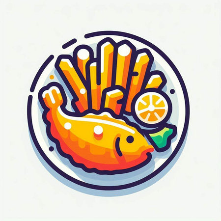 Fried fish with french fries and lemon on a plate. Vector illustration.のイラスト素材