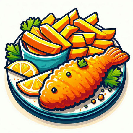 Fried fish with lemon and parsley on plate. Vector illustration.のイラスト素材