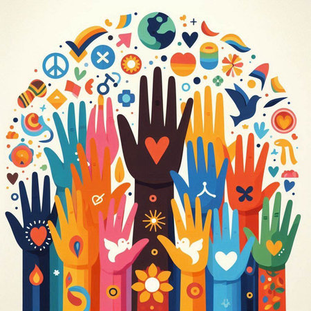 Hands of different nationalities in a circle. Vector illustration.のイラスト素材