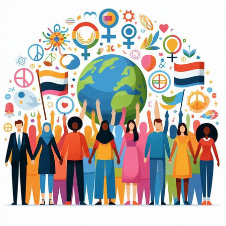 International day of peace concept. Group of people holding hands around the globe. Vector illustrationのイラスト素材