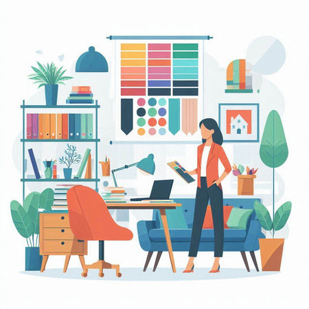 Young woman working at home. Work from home. Vector illustration.のイラスト素材