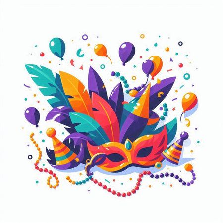 Mardi gras mask, party hat and feathers. Vector illustrationのイラスト素材