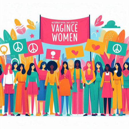 International women's day. Group of women with banners, flags and symbols. Vector illustration.のイラスト素材