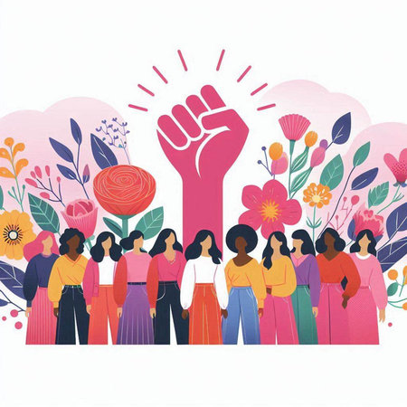 Vector illustration of a group of people with raised fist and flowers.のイラスト素材