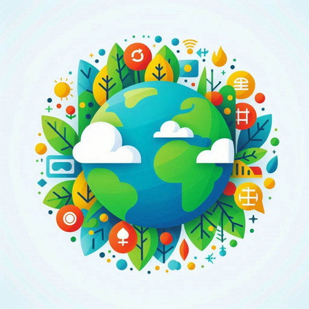 Ecology and environment concept with globe and icons. Vector illustration.のイラスト素材