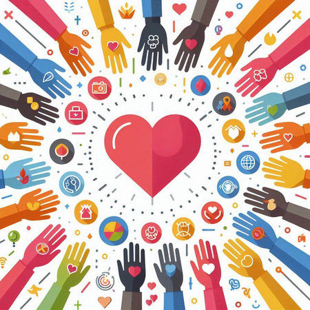 Vector illustration of human hands around big red heart with social media icons.のイラスト素材