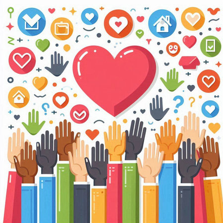 Group of hands with heart and social media icons. Vector illustration.のイラスト素材