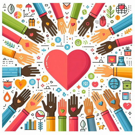 Vector illustration of hands around heart. Concept of love and care.のイラスト素材