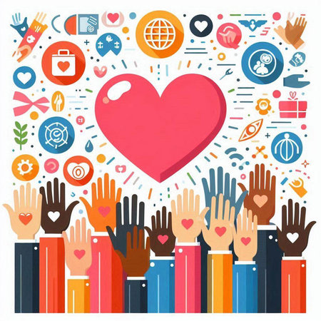 Hands of people around the heart. Vector illustration in flat style.のイラスト素材