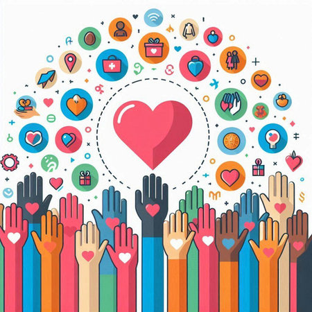 Flat design vector illustration concept of charity and donation. Icons of charity, help, support, help, care and help.のイラスト素材